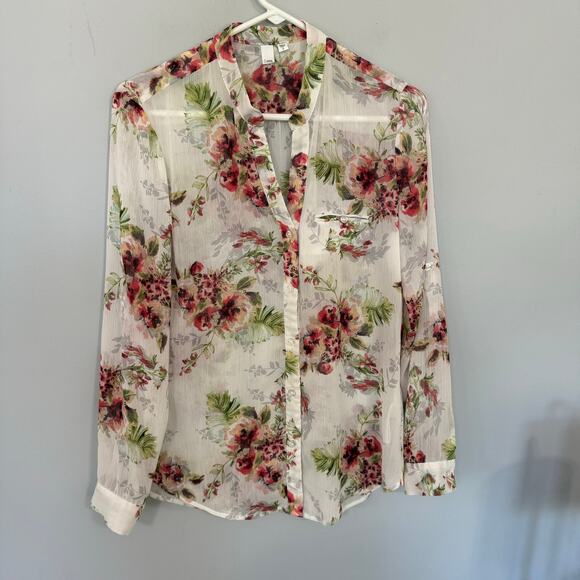 Kut from the Kloth Semi Sheer Floral Button Down Shirt Size Small Roll Tab - Picture 1 of 7